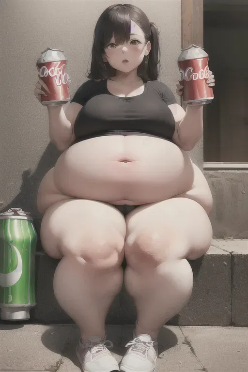 2girls, ((drinking a liter of soda)), ((multiple soda cans around her)), ((holding belly)), humongous thick thighs, (((massive, bloated belly touching the ground))),((sitting))