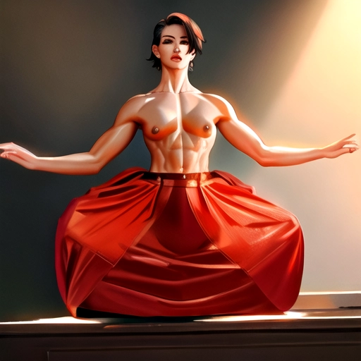 beautiful tall muscular topless woman with defined abs muscular arms very short hair and large breasts wearing a very long red skirt posing, 4k, best quality, highest possible quality, masterpiece