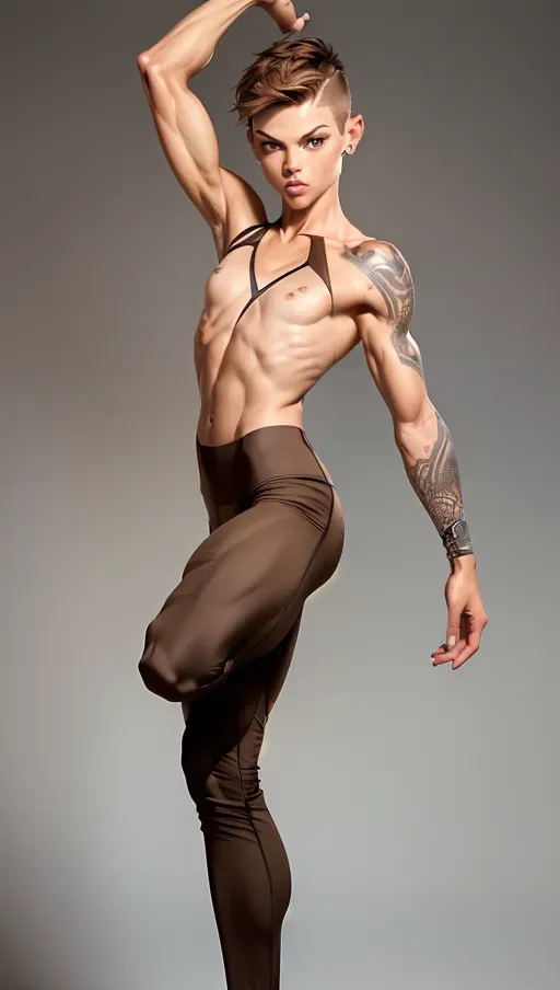 (tall athletic woman with muscular features), (androgynous face with angular features), nude, ((short butch brown hair)), tattoos, (((small breasts))), (three-quarters body shot, flexing muscles), (topless, wearing skin-tight yoga pants with a bulge in the crotch)
<lora:dpmg_add_detail:0.5>, ((masterpiece)), ((realistic)), <lora:dpmg_3d_rendering:0.5>
