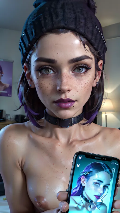 photorealistic, 8k, accurate face, (((detailed face))), (((replicate inspiration face))), freckles, black lipstick, wearing black beanie, collar,
<lora:dpmg_photo_compare:1> ,phone, cellphone, smartphone, holding, Nude,
location is bedroom with purple lighting, movie posters on wall, messy bed,
