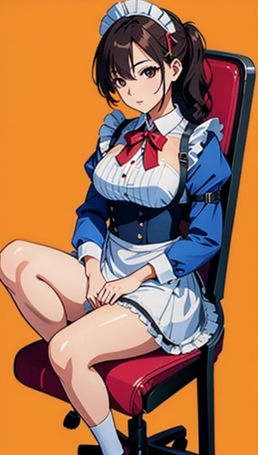 25 yo maid, (outfit:1), 8k, nice (breasts:.4), dynamic scene, digital photo, simple background,
in chair,