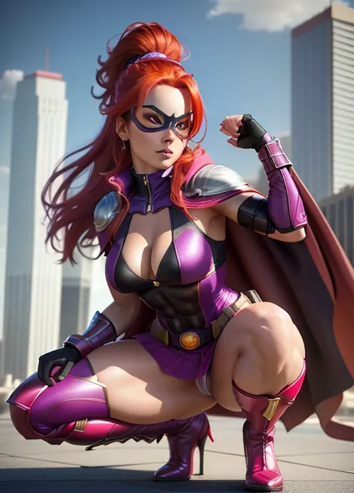 superhero, beautiful woman, red hair to shoulders, sexy and tight body suite in a mix of pink and purple, sensual short skirt showing lot of clevage, cape and sexy gloves, knee boots with high heels, superhero mask, perfectly toned and slender body, abs, small breasts with erect nipples seen through suite, very pretty face, Highly detailed Eyes, arched eyebrows, senusal expression, perfect composition, hyperrealistic, photorealistic, pretty face, dramatic action Pose, crouching stance with raised arms, full body view, Highly detailed, bright lighting, perfect composition, hyperrealistic, super detailed, high quality, trending art, trending on artstation, sharp focus, intricate detail, extremely detailed, centered, full frame, photorealistic, vivid contrast, vivid colors, 3dcg, 3d, render, 8k, UHD, HDR, Masterpiece, best quality
metropol city setting, on top of sky scraper, view from side