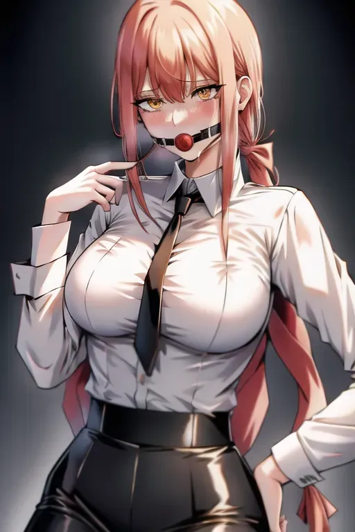 best quality, 1girl, white shirt, collared shirt, black necktie, dpmg_chainsaw_makima_v1, dpmg_ball_gag_v1