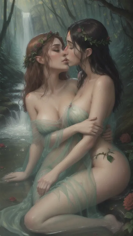 (nsfw), (masterpiece), (((oil painting))), absurdres, smooth, soft lines, soft edges, perfect edges, (soft lighting), (soft glow), detailed background, perfect anatomy, hair with great details, perfect eyes, perfect face, perfect textures, closeup, dramatic lightning, back-lighting,
((two beautiful woman kissing)), ((mutual masturbation)), ((yuri)), ((lesbian)), (busty), (large breasts), breasts, beautiful, sensual, erotic, (busty), romantic, passionate, aroused,
(forest nymphs), magic, ethereal, (ancient forest), mystical elements, magical elements, flowers in hair, sheer fabric, draping fabric, wet fabric, wet, see-through fabric, rose vines, small stream, brook, water, medieval, waterfall,