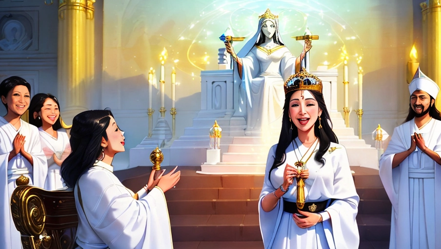 a 64k high detailed photo, ((female)), Intimacy, saint, priestess, religion, Sex Religion Tones, Intimacy Religion, Ultra Detailed, Best Quality, Most Detailed, (Angel Wings), Angelic Lighting, Love, Hope, Magic casting, Crown, Queen, Smiling, happy, Glory, Warrior, Angels, Angelics, Positivity, Happiness, ecstasy, enraptured, sweaty, saving, God, Royalty, Morality, Goodness, True Good, Power, Force, Authority, Ethical, Saviour, Halo, Always and Forever Sentimental, in heat, hot, ultra hot, best, best lighting, tantric, Neutral, Brilliant, Logical, Compassionate, Perfect, Perfection, Exciting, Integrity, Winged, Courage, Purity, Harmony, Beauty mark on upper lip, Family, Titan, Primordial, Protogenoi, Happiness, Happy, True Happiness, The Light themes, Heavenly Themes, Life, Death, The Rise, clean, Sexiest, Prettiest, Most, Beautiful, Angelic, Speech, ecstasy impression, (Happy Expression) ((Love Worship)) (with white Robes) (Black Hair)