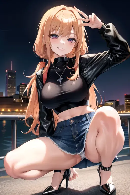 full body, strawberry blonde hair, hazel eyes, short girl, denim miniskirt, black high heels, looking at viewer, long hair, pale skin, silver necklace, black crop top, 24 years old, giant breasts, cute face, pov, wavy hair, city environment, Oklahoma City, wide eyes, erotic, skirt tug, leather jacket, nighttime, black backpack, slim body, low pigtails, squatting, smiling, showing vagina, upskirt