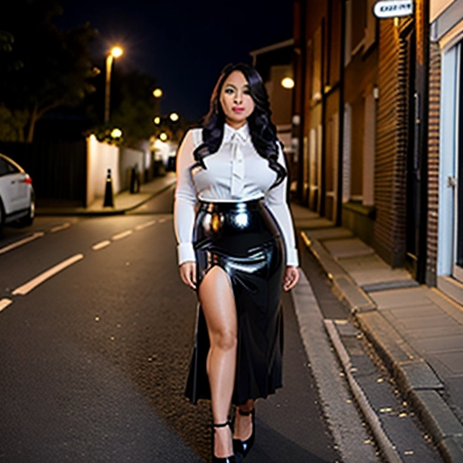 Curvy Filipina on a British street at night. Wearing black pleated cotton maxi skirt
Wearing Black high heel pumps
Wearing latex stockings
Wearing white blouse