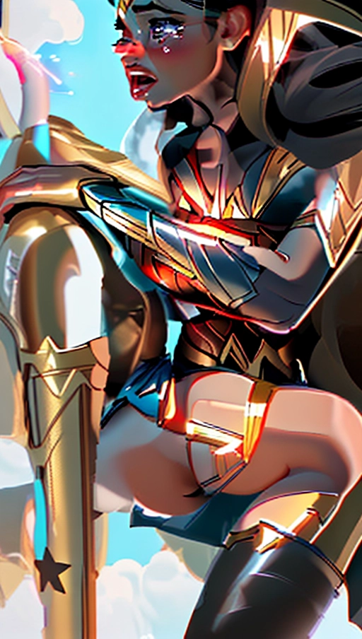 an explicit depiction of ((Wonder Woman getting fucked by a huge black man)), 1 female, 1 black male, fucking, sex, doggystyle, spectators, (cock fully inserted in pussy), balls deep, cum oozing between her legs, cum on her moth, interracial, (((tears in her eyes))), bruises on her arms