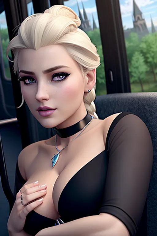 a digital art of,elsa,wearing priest clothes,kneeing,in the bus,big breasts,five fingers per hand,undercut hair,beautiful face,beautiful lips,black eyes,curved eyebrows,curved eyelid,smooth skin,wearing necklace,sharp focus,cgsociety,professional,surreal,highly detailed
