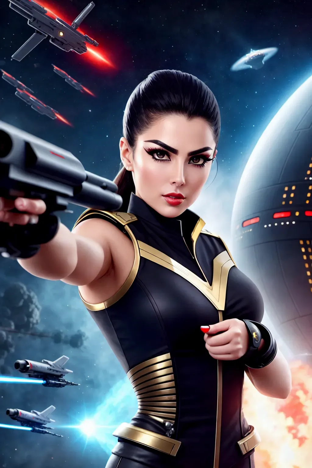 a photograph of, a female Star fleet officer, shooting a futuristic gun, fighting in a futuristic city, a star ship fighting behind, five slender fingers, beautiful lips, curved eyebrows, curved eyelid, beautiful eyes, professional, ultra realistic,