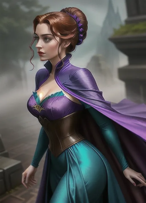 low angle dressed in elegant teal and purple velvet gown and cape with black half jacket, the one she wore to the unveiling of the statue of her parents, her hair done up in a low hanging bun, sweet Beautiful youthful sultry auburn haired newly turned vampire Queen Anna of Arendelle runs her tongue across her new formed pair of vampire fangs her eyes glowing bright red as she rises from her dark foggy cobwebbed crypt. photorealistic.