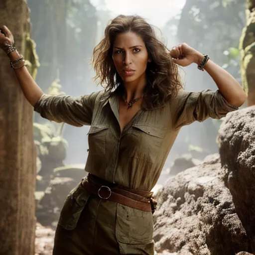 Create an image of a young female explorer with confidence and a piercing presence, light skin, subtle freckles naturally scattered across cheeks and nose bridge, defined facial features with high cheekbones and a firm jawline for a rugged appearance, deep green eyes full of intensity exuding determination and curiosity, dark brown hair in wavy locks just below shoulders styled casually to fit her adventurous spirit, dressed in practical yet stylish exploration attire including a loose-fitting weathered green blouse with rolled-up sleeves for arm movement, matching loose kaki pants tied with a sturdy brown leather belt, a simple but striking necklace around her neck, wrists adorned with various bracelets narrating travel tales, feet in sturdy muddy brown boots showing evidence of recent journeys, a strong and balanced posture slightly leaning forward indicating readiness for action, arms appearing healthy and athletic to emphasize physical capability for adventurous challenges,
Looking up, sultry, one finger in mouth, other gentle touching her butt