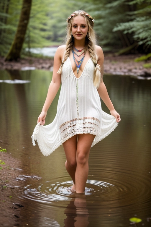 A beautiful young woman, a sexy body, hippie braid blonde hair, curvy figure with lithe features, perfect small, sexy legs, petite cute feet, porn scene, feathers in hair, loose revealing white crochet hippie dress, walking on water at the pond in the forest