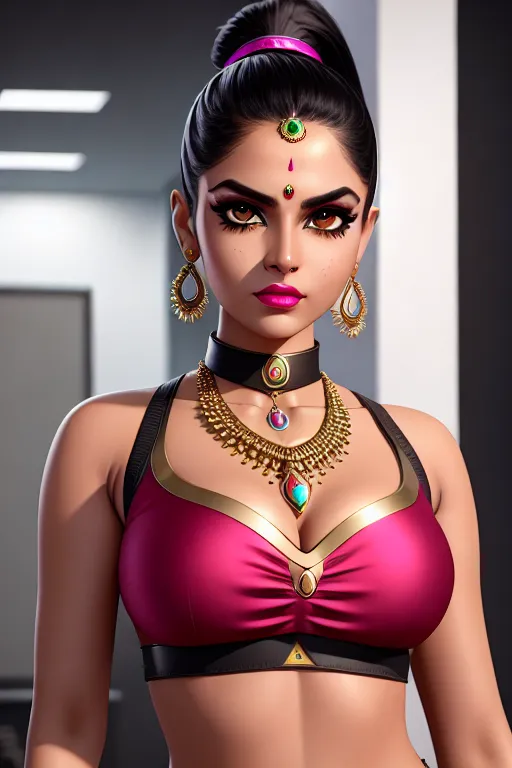 a digital art of,alien girl,wearing indian seri,at the office,five fingers per hand,ponytail,beautiful face,beautiful lips,detailed large eyes,curved eyebrows,curved eyelid,smooth skin,wearing necklace,smooth,8k,editorial,ultra realistic,professional
