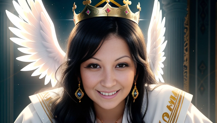 a 64k high detailed photo, ((female)), Intimacy, saint, priestess, religion, Sex Religion Tones, Intimacy Religion, Ultra Detailed, Best Quality, Most Detailed, (Angel Wings), Angelic Lighting, Love, Hope, Magic casting, Crown, Queen, Smiling, happy, Glory, Warrior, Angels, Angelics, Positivity, Happiness, ecstasy, enraptured, sweaty, saving, God, Royalty, Morality, Goodness, True Good, Power, Force, Authority, Ethical, Saviour, Halo, Always and Forever Sentimental, in heat, hot, ultra hot, best, best lighting, tantric, Neutral, Brilliant, Logical, Compassionate, Perfect, Perfection, Exciting, Integrity, Winged, Courage, Purity, Harmony, Beauty mark on upper lip, Family, Titan, Primordial, Protogenoi, Happiness, Happy, True Happiness, The Light themes, Heavenly Themes, Life, Death, The Rise, clean, Sexiest, Prettiest, Most, Beautiful, Angelic, Speech, ecstasy impression, (Happy Expression) ((Love Worship)) (with white Robes) (Black Hair)