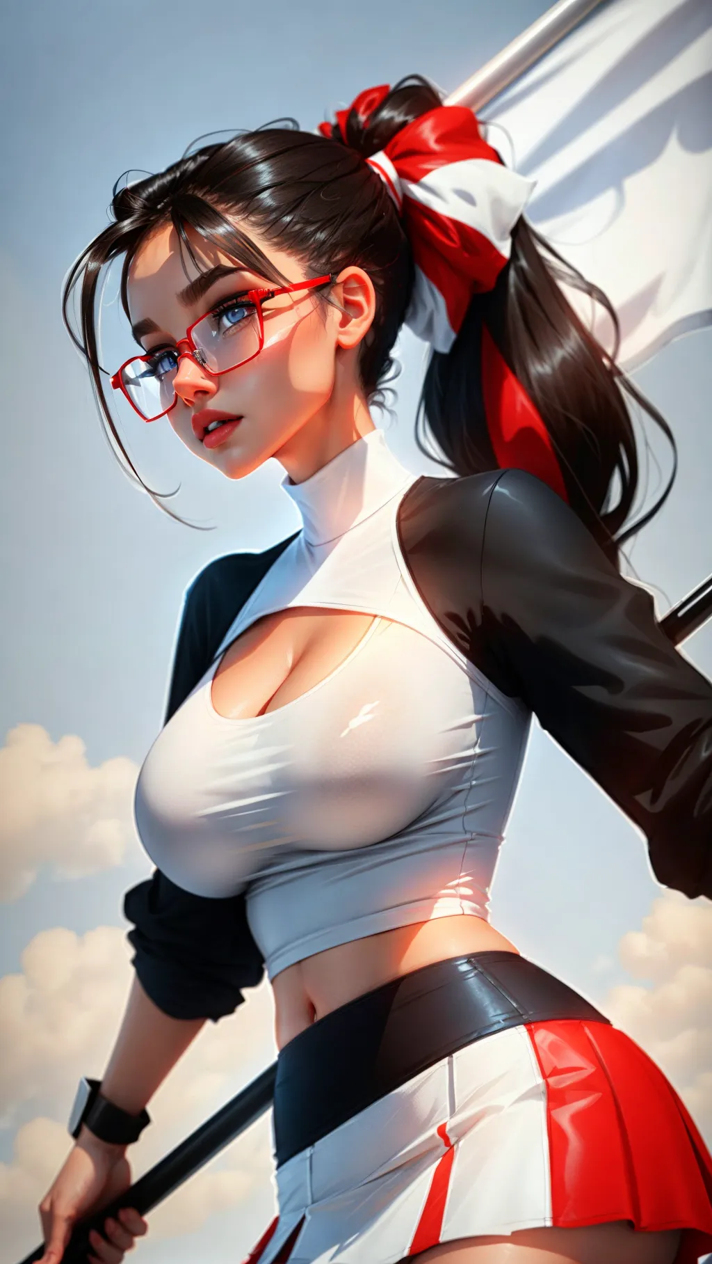 8k, high resolution, Model, professional lighting, black hair in a ponytail, glasses, white tight shirt, big breast, flag skirt red and white, blue eyes <lora:dpmg_sam_yang:1>,