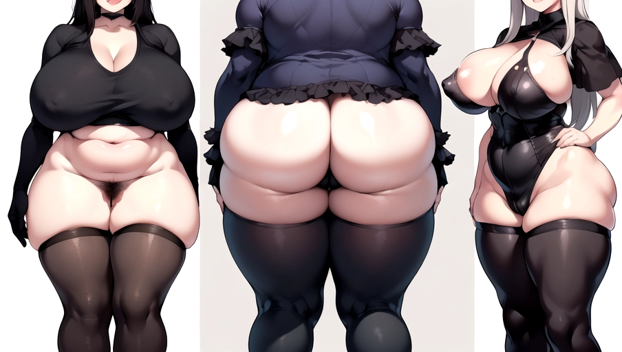 one woman pictured four times getting fatter, (weight gain progression), (woman starting off as thin on the left and becoming a bbw on the right), bimbofication, thin woman gaining weight to become a bbw, weight gain fetish,