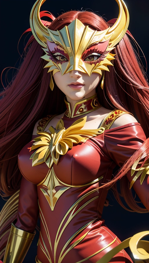 Burgundy red and yellow symbiote, ((hair-raising symbiote)), ((burgundy red and yellow symbiote goo)), (((burgundy red long hair with yellow strands))), ((red and yellow symbiote suit)), (yellow strands), (((symbiote goo face))), (((((symbiote goo hair))), ((((symbiote face masquerade))))
