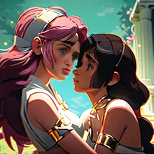 ((2 women:1)) ((Maisie Williams and Natalia Dyer))
((Dynamic poses of two sexy longhaired half-naked greek nymphs in lesbian erotica:1.7)),
((Two greek nymphs in lesbian art-erotica:1.5)),
2 lesbian greek nymphs in ((loose white temple priestess dresses:1.7)) with bare arms passionately embracing, Romantic, Emotional, Intricate,
((Anime Magical Youthful Expressive style Kawaii chibi Sakura Manga Studio Ghibli Rich texture 8k High definition Cell shading Digital art Intricate Luminescent Animation Focus:1.6))