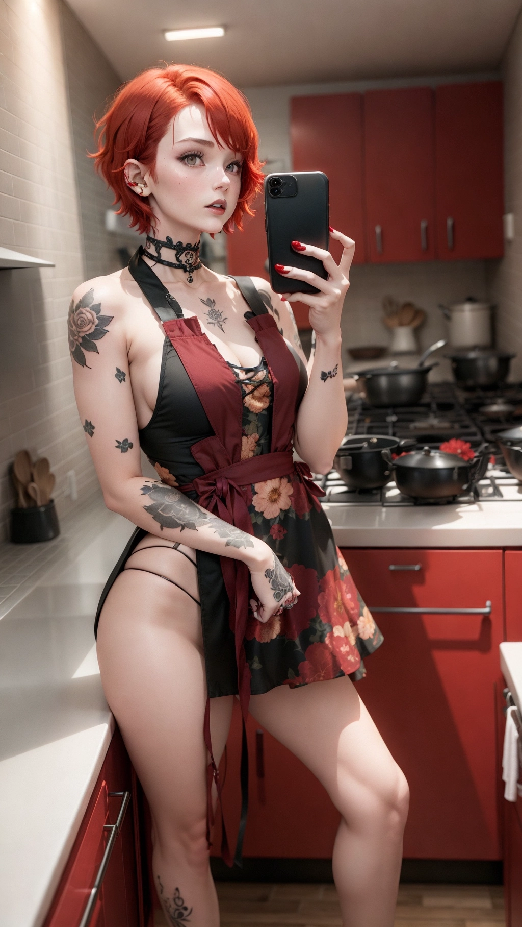 Young woman, short red hair, wearing only a kitchen apron with a floral pattern, skinny, goth, holding an iphone, tattooed,