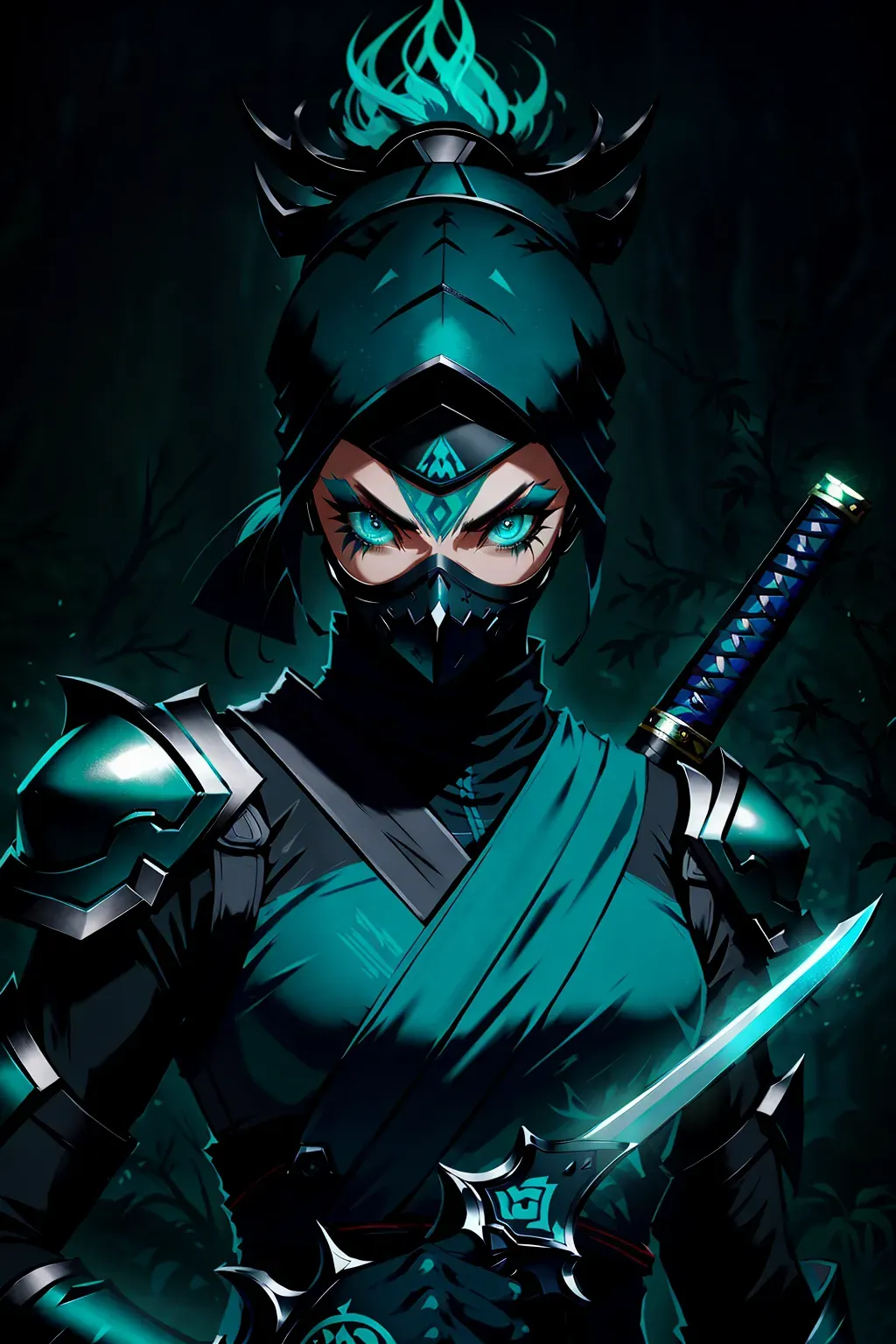 Ninja, full face mask, teal, glowing accents, with a sword, female, 8k wallpaper, best quality, ultra hd, global lighting, hi-resolution, high quality, highly detailed, in a dark forest