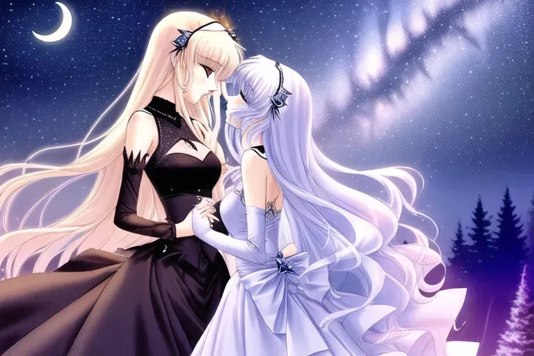 Tall, tall pretty frail skinny pastel trans woman kissing, short thick goth woman, holding waist, playing with hair, Outdoors, night sky background, twinkling stars, crescent moon, landscape, pine forest