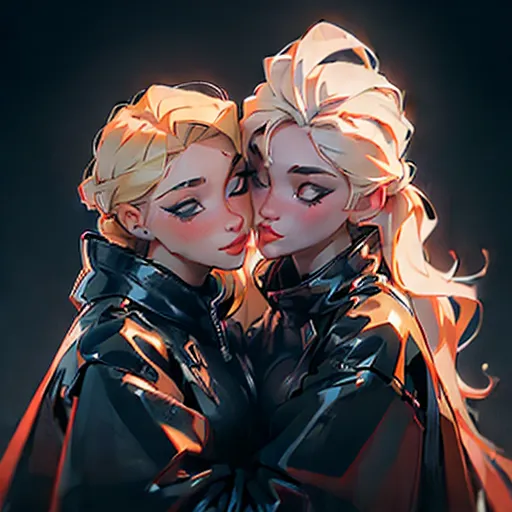 ((((photoreality:1.3)))), 16k, full details, UHD, masterpiece, accurate details, highly detailed photograph of two beautiful shor hair blonde girls dressed in black shiny pvc rain coats kissing each other passionately (((accurate face anatomy))), kissing on the mouth