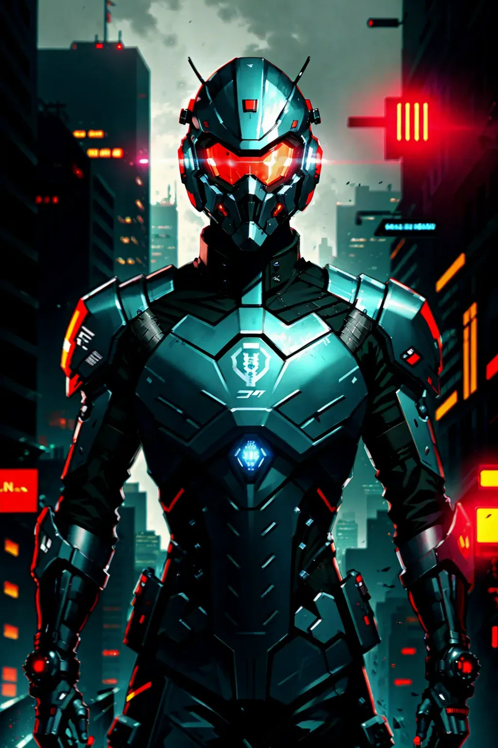 Cyberpunk, Soldier, full face helmet, male, 8k wallpaper, best quality, ultra hd, global lighting, hi-resolution, high quality, highly detailed, in a city