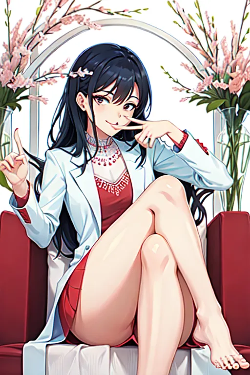a woman licking the finger tip of her index finger just before turning the page of a magazine, sitting with her legs crossed and dangling a wedge off her toe, the arch of her foot is accentuated by the manner in which her legs are crossed