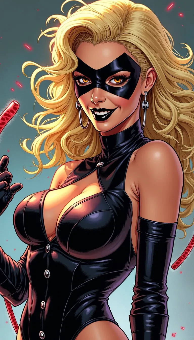Comic book style drawing (90s Marvel comic) of a female supervillain who looks like a mix of a dominatrix and a vintage showgirl. She wears a black domino mask and wields an energy whip. Her hair is big, blonde and wild, and her lipstick is black. She smiles dangerously and seductively as she cracks her whip.