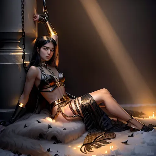 a highly realistic photograph, full length shot, of a gorgeous adult woman, beautiful young woman, Masie Williams, anatomically correct body, anatomically correct features, (((chained to a post))), wearing torn dress, standing, in a castle dungeon, dark stone room, body illuminated by torch light, sexy pose, slim body, toned legs, intricate, highly detailed, digital photography, long dark hair, full body shot, (masterpiece), side lighting, finely detailed beautiful eyes: 1.2), hdr, <lora:more_details:0.2>, surreal, toned, slim, toned body, runner, curvy, medium breasts, five slender fingers, beautiful hairstyle, charming face, accurate face, detailed face, beautiful lips, detailed large eyes, accurate teeth, golden ratio for featues, thick dark eyebrows, pale skin, long legs surreal, highly detailed, smooth, sharp focus,8k,