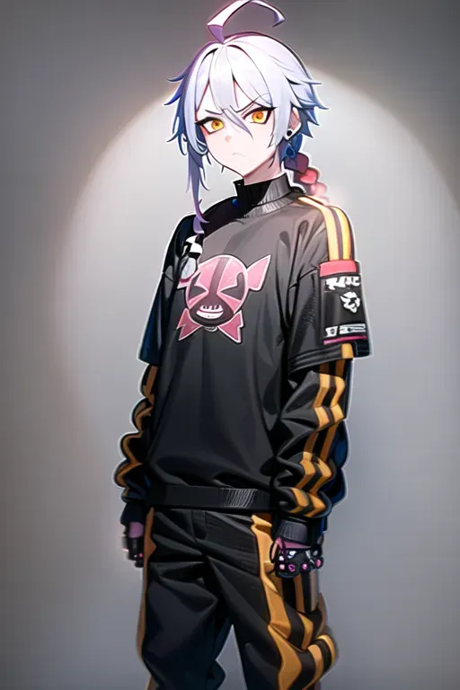 delinquent street punk in emo style clothes standing in refinery holding up the middle finger, looking at viewer, 1boy, braid, (huge ahoge:1.3), angry, closed mouth, frown, standing, torn clothes, piercings, jewelry, tattoos, finely detailed background, amazingly intricate background, incredibly absurdres, best quality, <lora:dpmg_middle_finger:1>