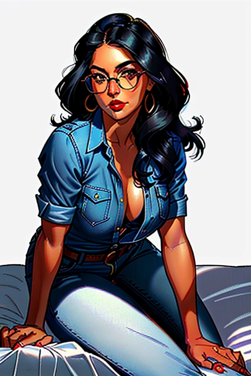 1970s, Beautiful, sexy, 70s FBI detective, Latina, long black hair, 70s hair style, pink head band, round glasses, Alexandria Ocasio-Cortez, full lush red lips, cute narrow chin, soft and curvy build, small perky breasts, thin waist, thicc ass, full thighs, smooth legs, cute feet, blue scruffled unbuttoned casual shirt, tight pleated navy blue slacks, thicc hips, laying down on the bed, inviting me to impregnate her, in the bedroom, dim lighting in the room, FBI badge on the nightstand, ((high definition)), ((4k quality)), ((excellent lighting)), ((great shading)), ((pristine detail)), ((really clear picture)), ((beautiful vibrant colors)), ((accurate at lower prompt guidence)), ((ultra realistic)), (((five fingers per hand))), (((two arms per person))), (((two legs per person))), (((two hands per person))), (((two feet per person))), ((((100 percent according to prompt))))