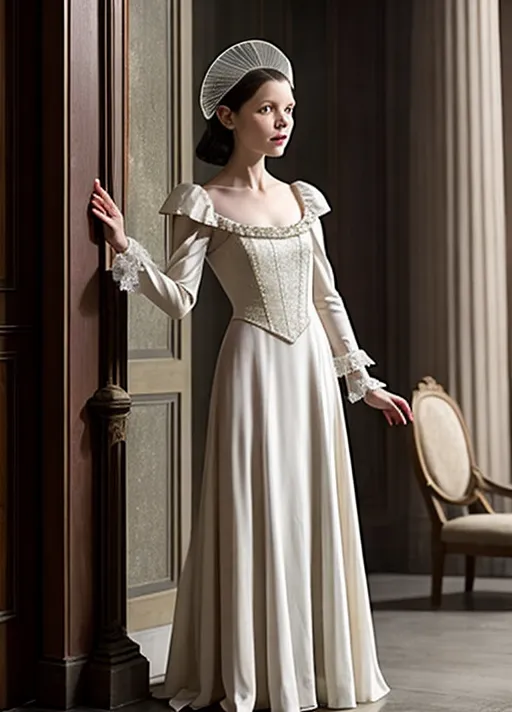 a photo of, juliet landau as drusilla, she is a delicate frail poisonous flower, platinum blonde albino, she is hungry, elegant lacy shift chemise, if she could feel the cold she would be freezing, as the decades turn the threads soften and thin, history is a nightmare from which i cannot awake