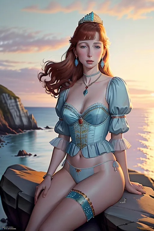 a colour painting of, a young Princess Anne, ((accurate face)), wearing skimpy (((pale blue))) jewelled lingerie, sitting on a rock by the sea, rocky coastline, at sunset