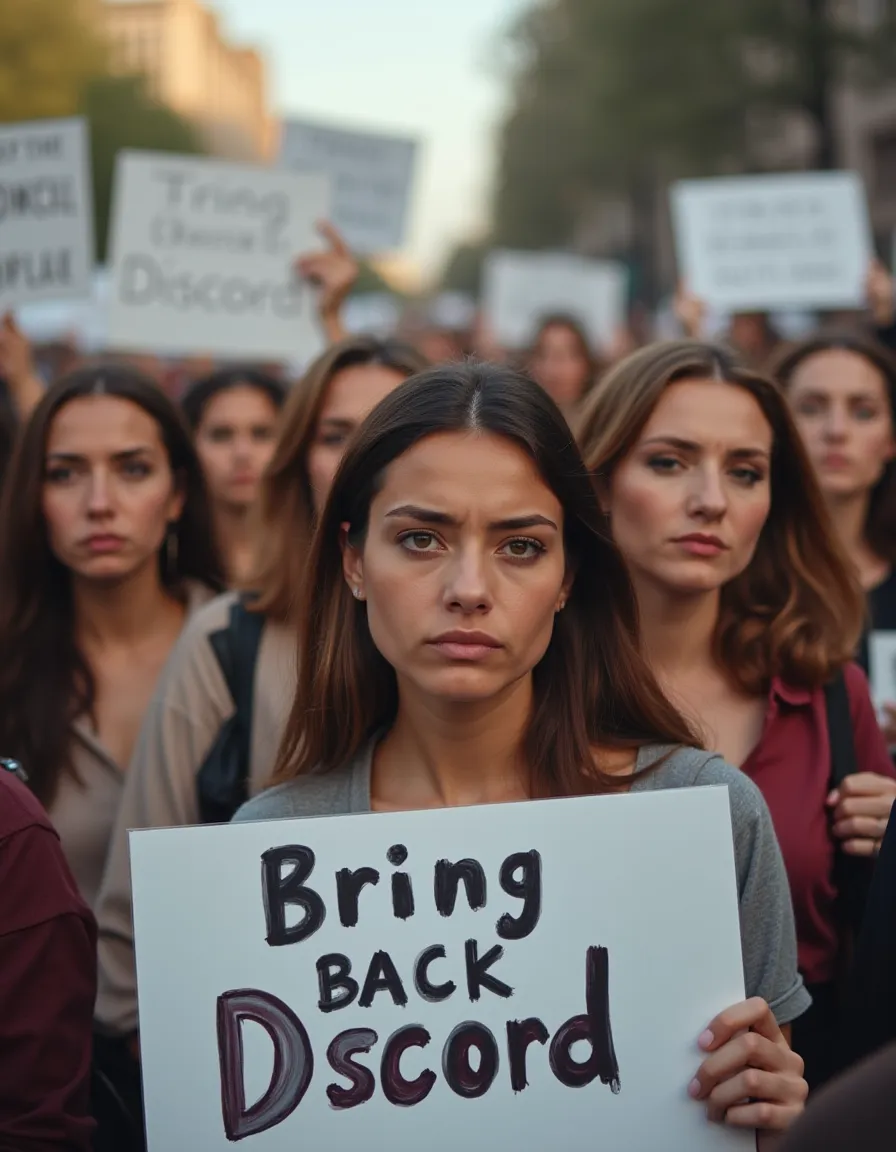 Protest rally, group of attractive women with upset expressions, varying ethnicities, frowning, holding signs which read, Bring back Discord