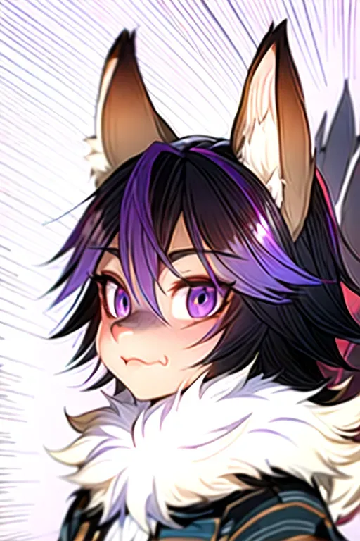 sam yang, 1 androgynous furry fox only, short furry fennec fox furry, purple furred furry purple fur, fennec face stripes dark purple from eyes, black animal fox nose, big fennec ears with fluff coming out of them, androgynous very cute, purple fur, green eyes beautiful eyes, flustered expression blushing , upper body shot , well groomed kept up, pirate doctor, mohawk between fennec ears dark purple colored hairstyle,((masterpiece)) <lora:dpmg_sam_yang:1>