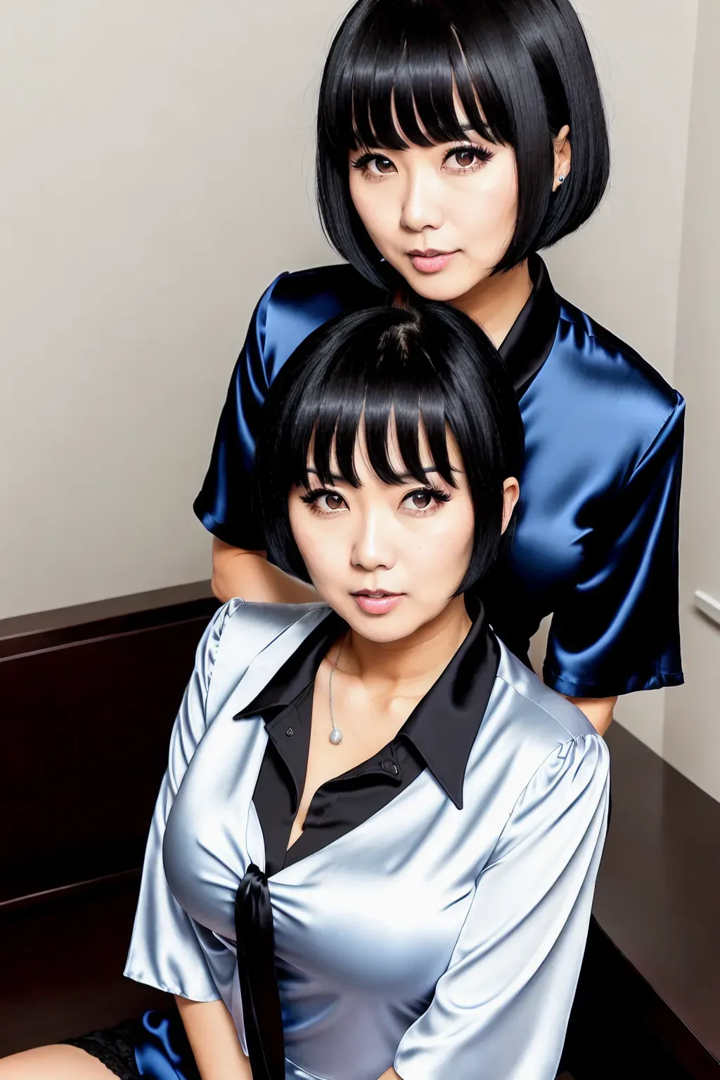 best quality, smooth skin, short black hair, blunt bangs, black hair with blunt bangs, motherly expression, St Louis silver dress, St Louis Azur Lane, large breasts, Japanese girl, Asian girl, small woman, blue eyes, milf, satin blouse, plunging blouse, cleavage, leather pencil skirt,