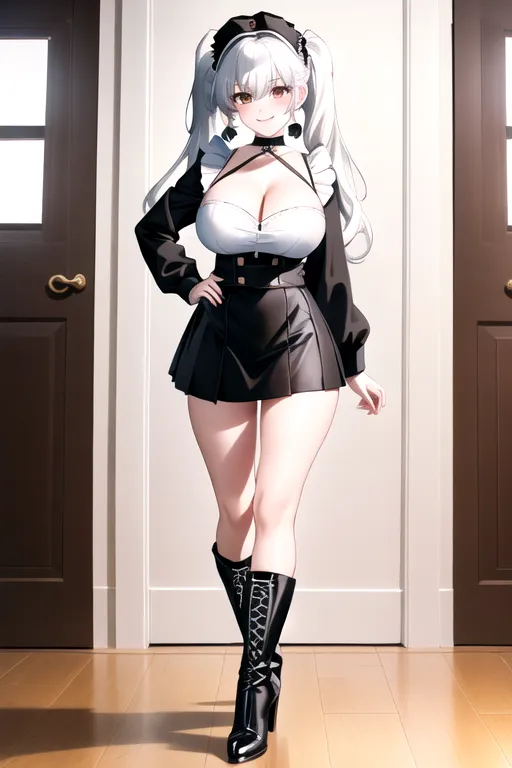miniskirt, black maid uniform, white hair, choker, brown eyes, pale skin, giant breasts, boots, cleavage, high heels, looking at viewer, walking across room, living room, 1girl, smiling, wavy hair, 8K, Full body photo, slim body, pigtails