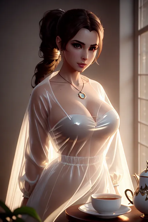 a concept art of,an angel,wearing transparent raincoat,leaning against the wall,in a tea party,big breasts,five slender fingers,ponytail,charming face,beautiful lips,detailed large eyes,curved eyebrows,pale skin,peaceful,wearing necklace,cinematic lighting,cgsociety,unreal engine,ultra realistic,bokeh