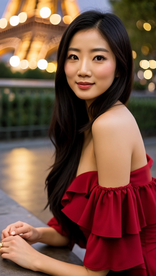 Asian female, mid-30s, oval face, almond eyes, black hair, slender build, C cup, flowing dress, deep red, off-shoulder, romantic, candlelit dinner, holding hands, tender smile, Paris, Eiffel Tower, nighttime, soft lights, dreamy ambiance.