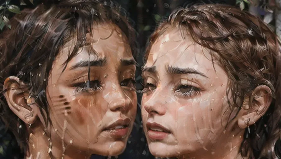 ultra realistic photorealistic 8k picture, (bodies in frame), two women kissing and caressing and holding breasts, (different ethnicities), (different hair), highly detailed hair, highly detailed faces, textured skin, exposed pussies, crying, <lora:dpmg_wet_hair:1>