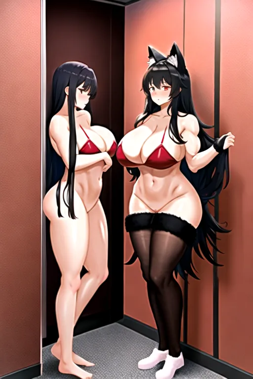 2girls bathroom big breasts big muscles black hair breasts feet female female only large breasts long hair naked red fur shower vagina