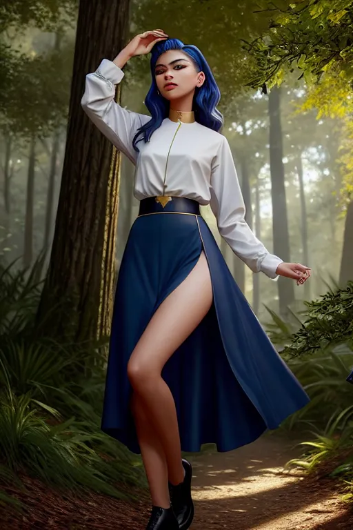 a oil painting of,zendaya,wearing priest clothes,dancing,in the forest,five fingers per hand,undercut hair,beautiful face,beautiful lips,blue eyes,curved eyebrows,curved eyelid,pale skin,joyful,wearing golden ring,bokeh,unreal engine,artstation,cinematic lighting,pixiv