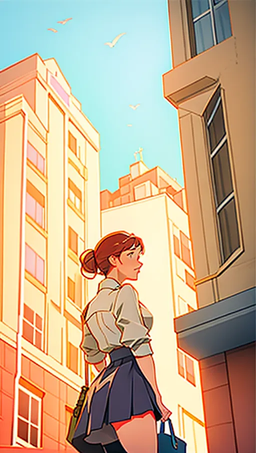 a low closeup shot of embarrassed woman standing on a window ledge on the outside of a building in a short skirt <lora:red_lines_face:1>