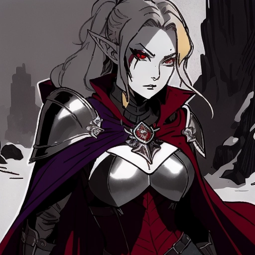 (masterpiece:1.2), (best quality), (ultra detailed), (8k, 4k, intricate),(full-body-shot:1), (highly detailed:1.2),(detailed face:1.2), (detailed background),detailed landscape, (dynamic pose:1.2), ,1 female elf ,solo, , tsundere, spider web tattoos on arms, tsundere, blonde colored hair , purple warpaint on face under eyes , dark purple spider like war paint face paint lines from eyes, pale grey skintone, , winter trench warrior coat , medium length messy mullet hairstyle , elf only , caucasian skintone skin color, half elf, half drow, elf ,detailed landscape, , ash grey skintone, solo , pointy elf ears, looking at camera , combat ready , red drow eyes , red bright determined eyes , red eyes, with , long striped ranger coat , warrior fighter coat , warrior, knight, metal breastplate ,holding rapier thin ornate blade , knight mercenery armor, red cape, masterpiece, dungeons and dragons anime style