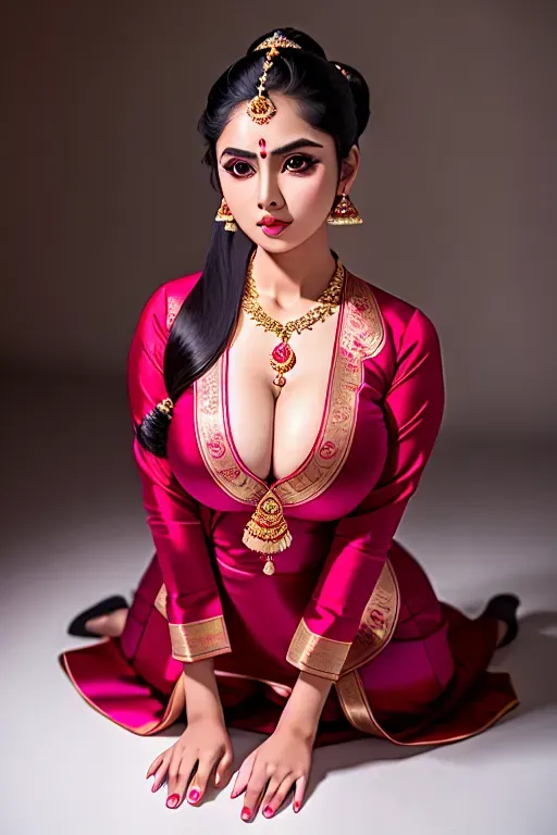 a photograph of,an indian girl,wearing ao dai,all-fours,amazing breasts,five fingers per hand,ponytail,beautiful face,beautiful lips,detailed large eyes,curved eyebrows,pale skin,wearing necklace,professional,editorial,sharp focus,highly detailed,studio lighting