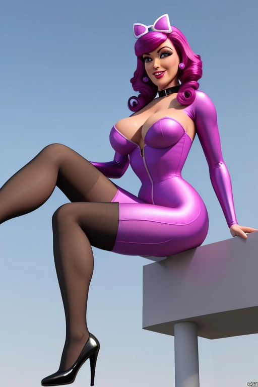 3d, 8k, adult Stephanie from Lazy Town, in the style of a pin-up model, wearing thigh-high silk stockings