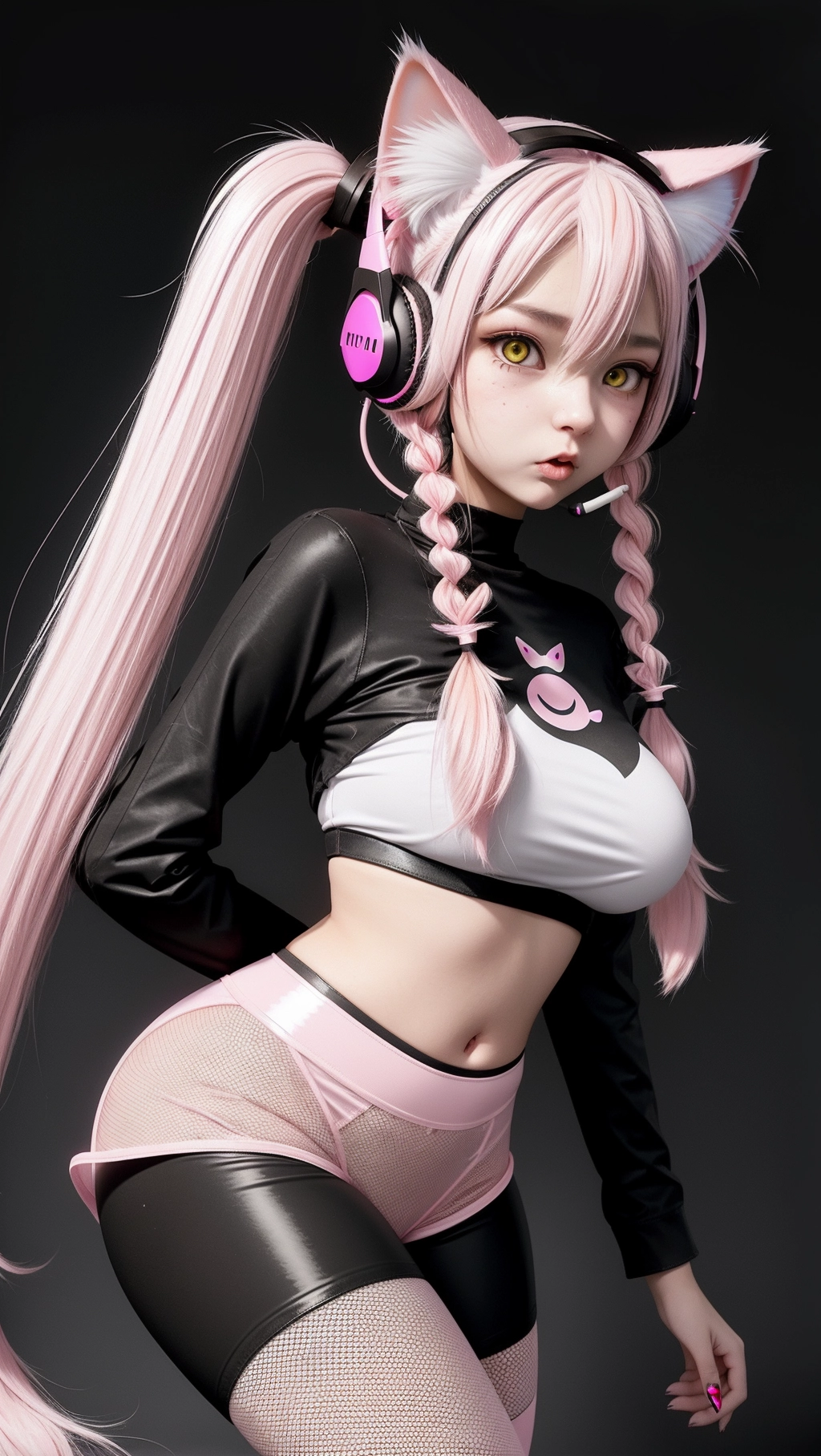 21 year old Gamer, cat ears, headset, bushy white pigtails with pink highlights, medium breast, thin waist, fishnet leggings, mean face, dominant