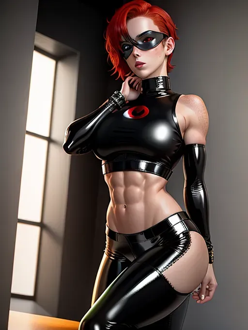 Thin and muscular irish girl with short length red hair and no breasts wearing tight leather pants and a tight leather shirt with green eyes and freckles on her face, black domino mask over eyes, red latex top, bare midriff, defined abs, six-pack, black latex pants